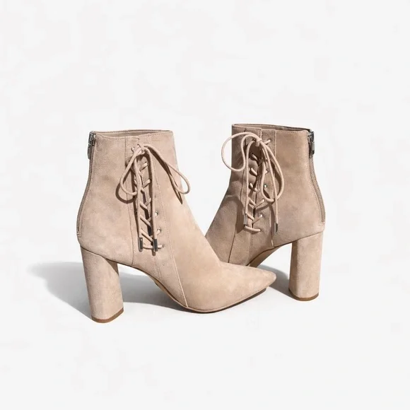 Kendall & Kylie Taupe Suede Lace-Up Ankle Booties Pointed Toe Block Heel - Picture 5 of 13